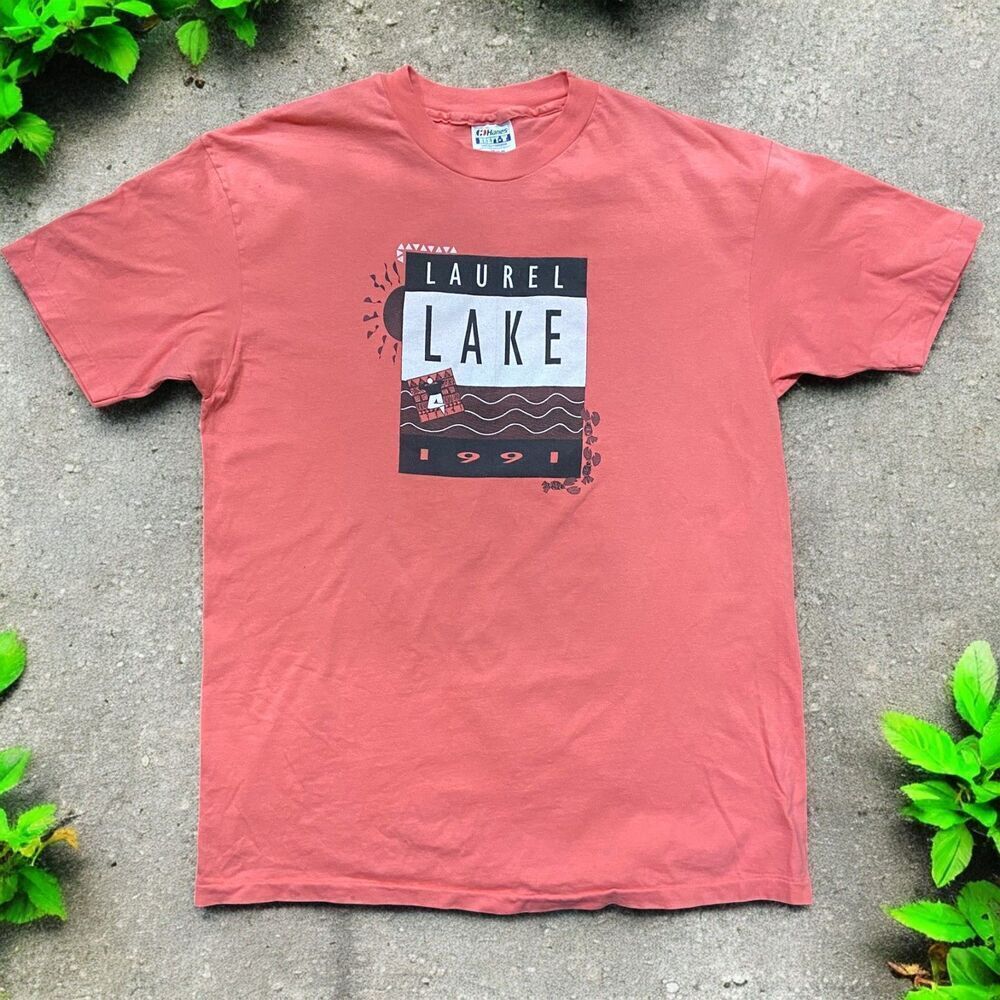 Hanes Vintage 90s Single Stitch Laurel Lake Georgia Salmon Pink T-Shirt Men's XL
